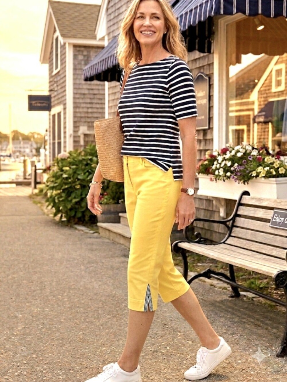 Talbots 8P Yellow Perfect Skimmer Crop Pants Navy Striped Ribbon Inside Hem
